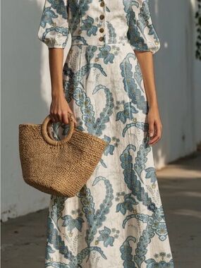 Cream Maxi Dress with Teal Floral Print #169